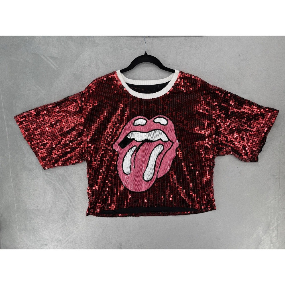 Rolling Stones Sequin Crop Top Women One Size Red Tongue Graphic Concert Tee